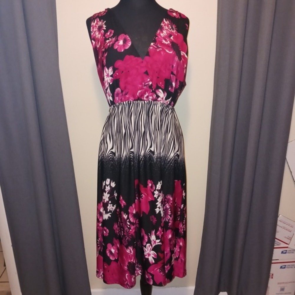 Dots‎ Black Pink Floral Zebra Print Sleeveless V Neck Midi lightweight Dress 2X